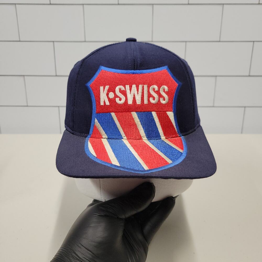 Vintage K-Swiss Monster Logo Snapback Hat Blue Red Shield Cap Y2K